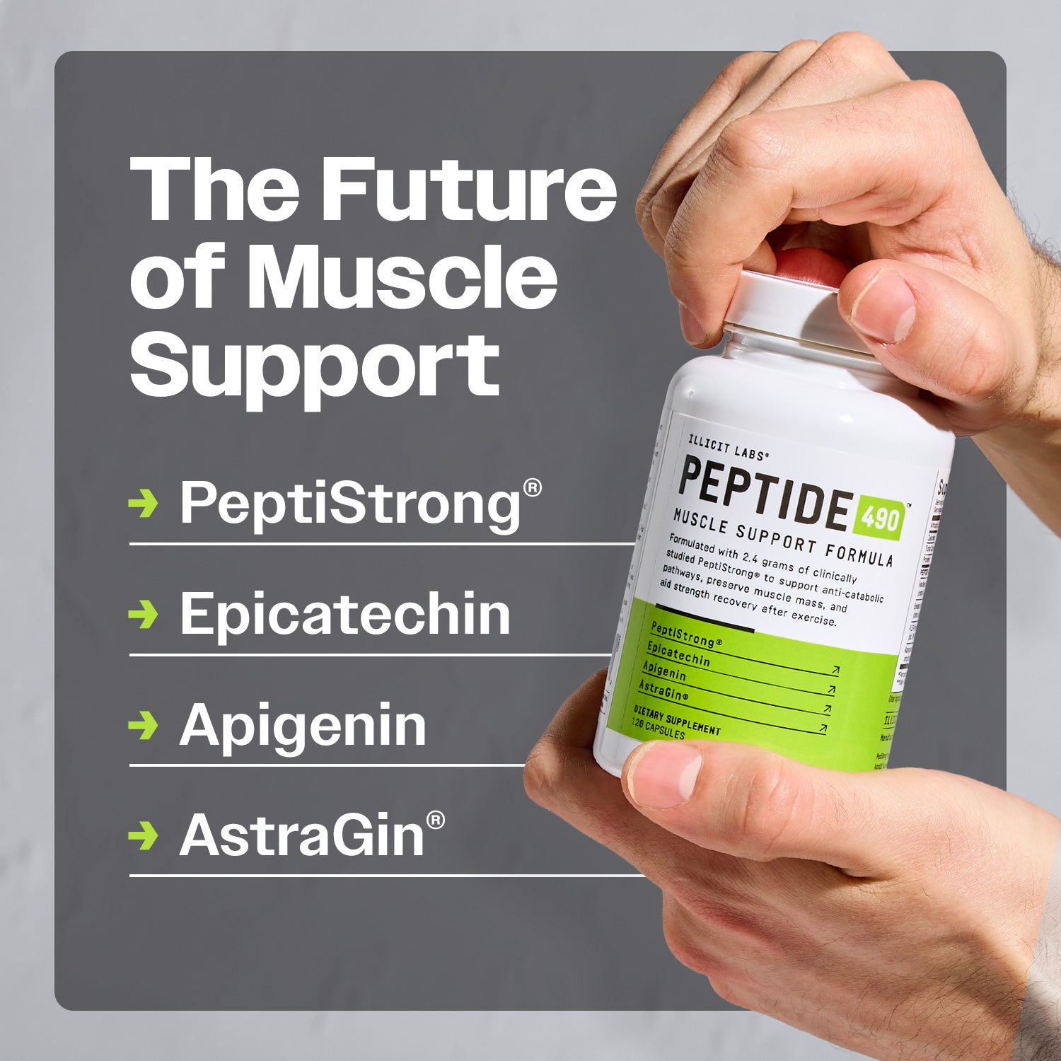 Hands holding Peptide 490 bottle with text that says The Future of Muscle Support. PeptiStrong, Epicatechin, Apigenin, AstraGin